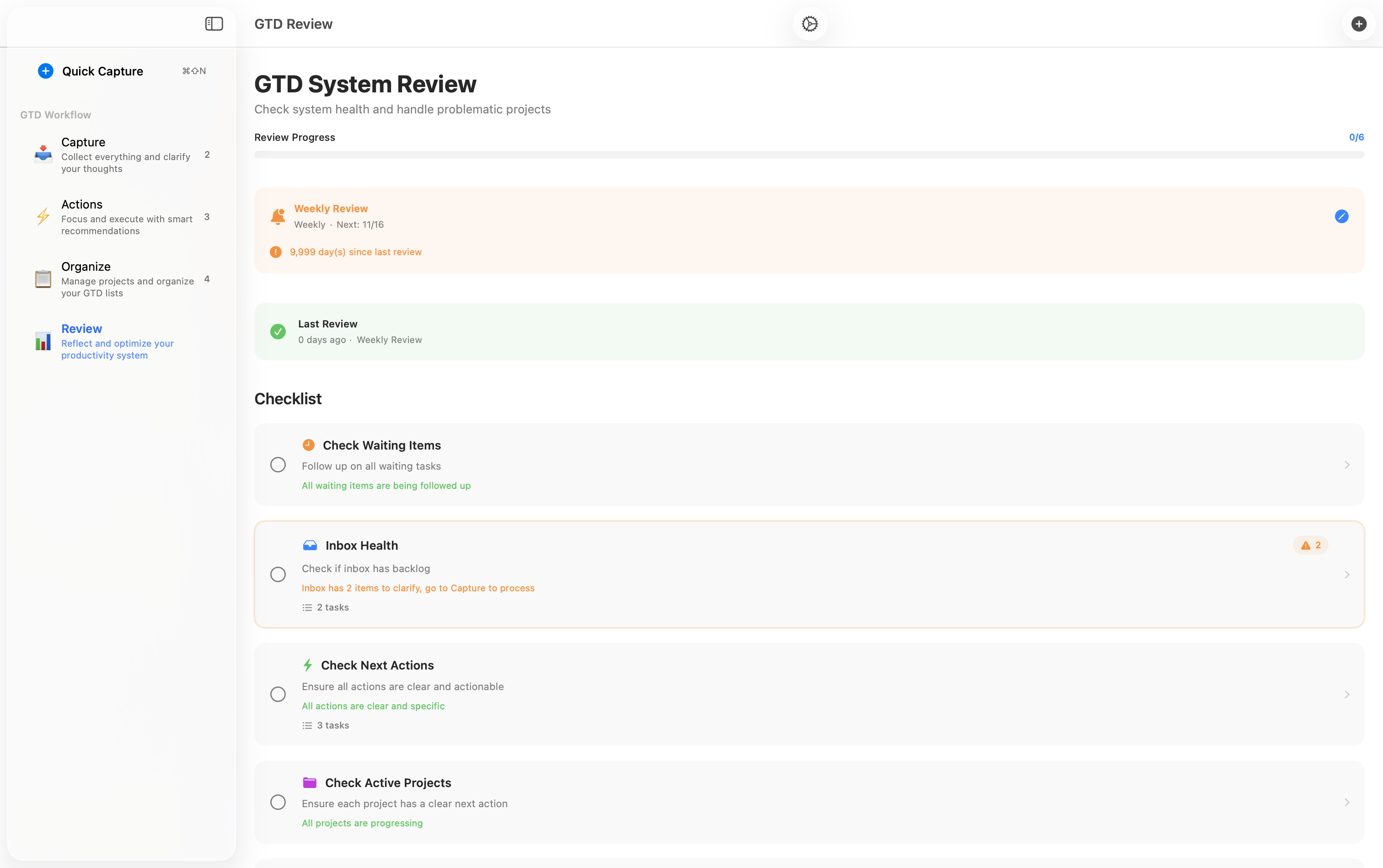 Mac GTD Review Interface